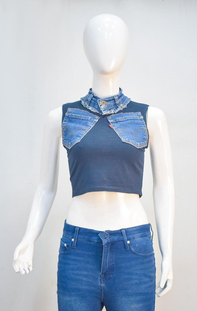 CR2275 UPCYCLED DENIM POCKET CROP TOP