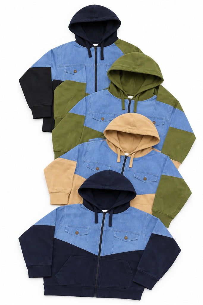 Upcycled Carhartt Denim Panel Hoodies in mixed sizes and colours, Grade A/B.