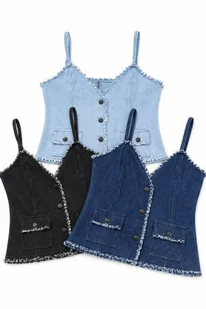 Upcycled Frayed Denim Camisole Tops in mixed sizes and colours. Grade A/B.