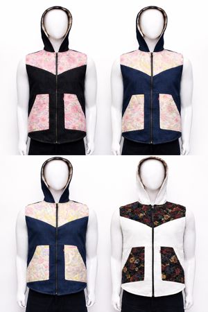  Upcycled Floral Patchwork Hooded Vests in mixed sizes and colours, Grade A/B.