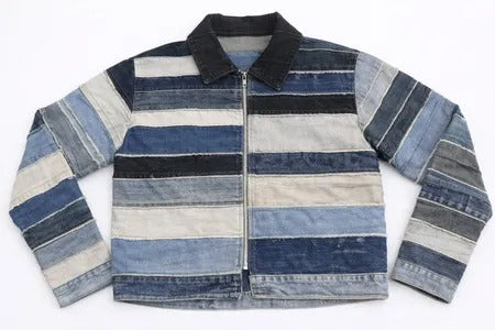 Upcycled Striped Denim Patchwork Jackets in mixed sizes and colours, Grade A/B.