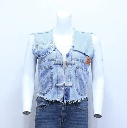  Upcycled Levi's Denim Buckle-Front Cropped Vests in mixed sizes and colours, Grade A/B.