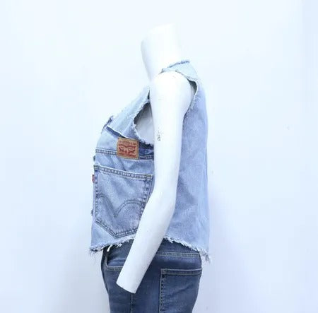  Upcycled Levi's Denim Buckle-Front Cropped Vests in mixed sizes and colours, Grade A/B.