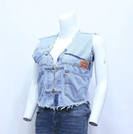  Upcycled Levi's Denim Buckle-Front Cropped Vests in mixed sizes and colours, Grade A/B.