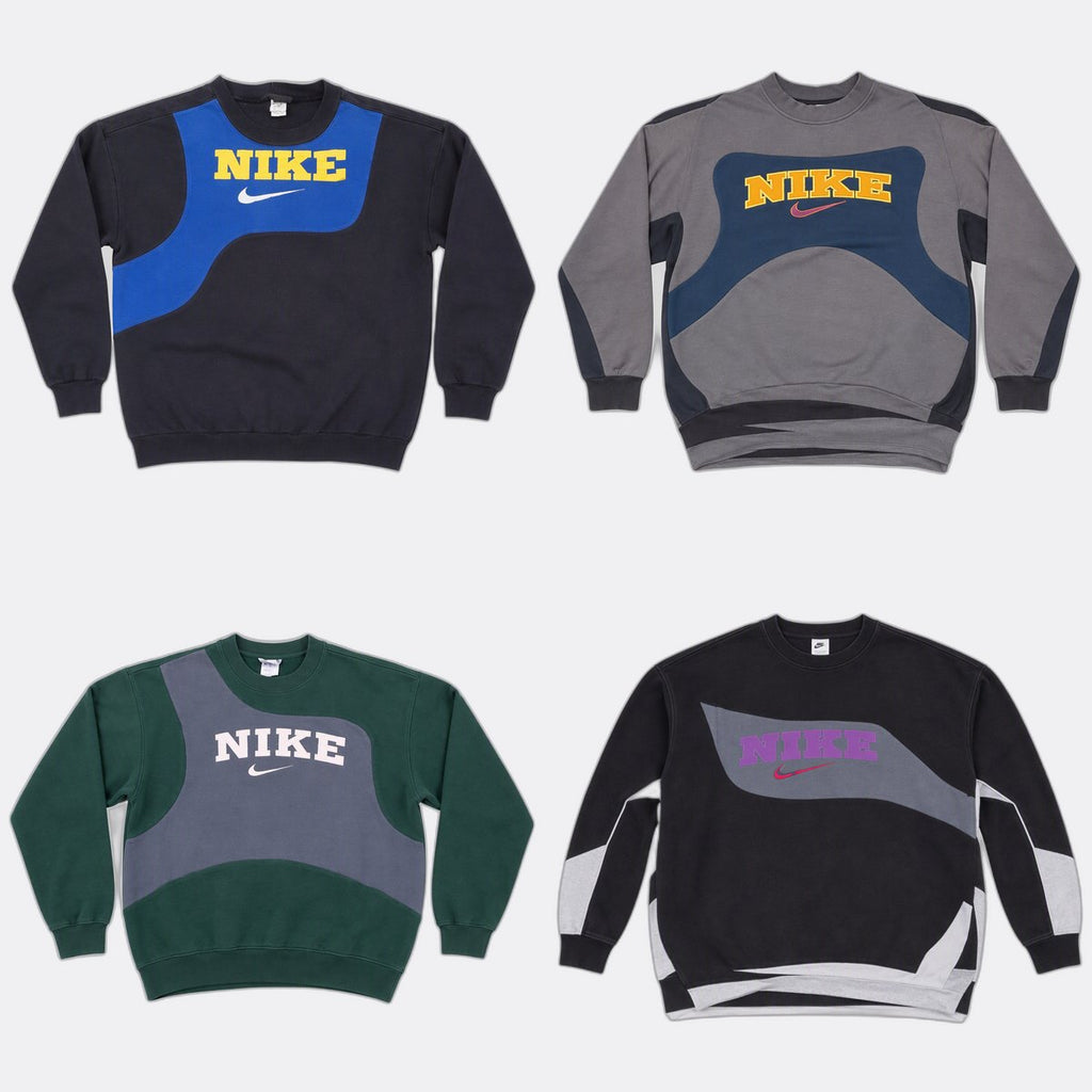 Upcycled Nike Wave-Panel Crewneck Sweatshirts in mixed sizes and colours, Grade A/B.