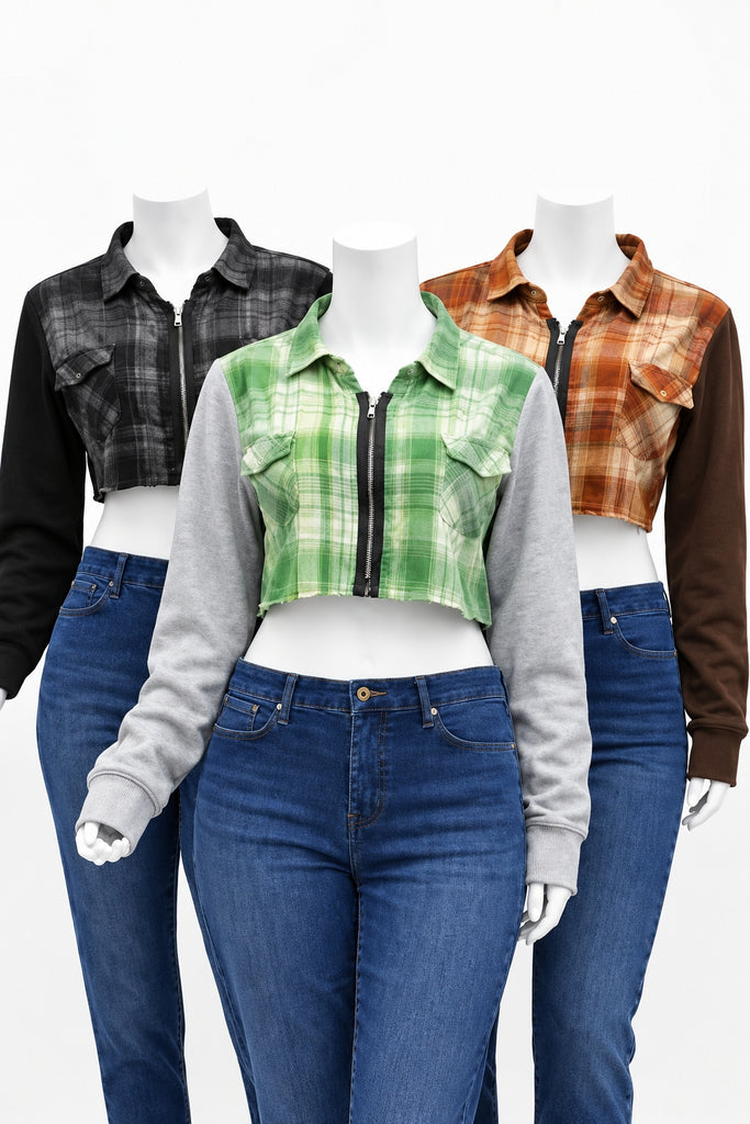 Upcycled Check Flannel Cropped Zip Jackets in mixed sizes and colours. Grade A/B.