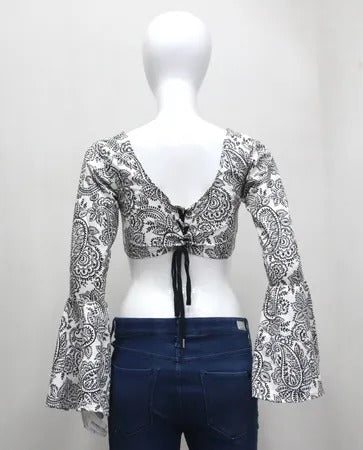 Upcycled Floral Twist-Front Bell Sleeve Crop Tops in mixed sizes and colours. Grade A/B.