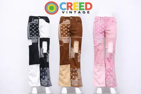 Upcycled Bandana Patchwork Cargo Trousers in mixed sizes and colours, Grade A/B.