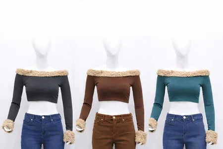 Upcycled Faux Fur Trim Off-Shoulder Crop Tops in mixed sizes and colours. Grade A/B.