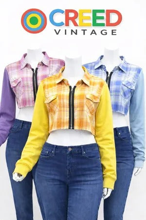 Upcycled Plaid Cropped Zip-Front Jackets in mixed sizes and colours, Grade A/B.