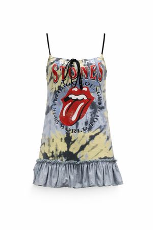 Upcycled Rolling Stones Graphic Ruffle Mini Dresses in mixed sizes and colours, Grade A/B.
