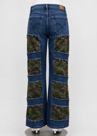 Upcycled Camouflage Patchwork Flare Jeans  in mixed sizes and colours, Grade A/B.