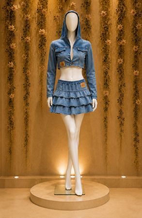 Upcycled Denim Hooded Crop Jackets and Ruffle Mini Skirts in  mixed sizes and colours, Grade A/B.