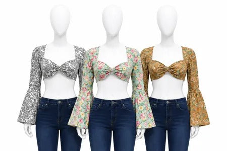 Upcycled Floral Twist-Front Bell Sleeve Crop Tops in mixed sizes and colours, Grade A/B