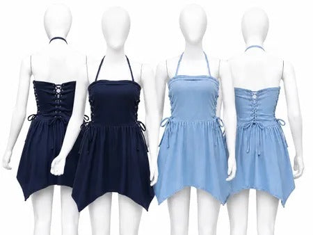 Upcycled Denim Halter Asymmetric Mini Dresses in mixed sizes and colours, Grade A/B.