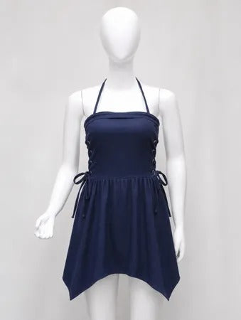 Upcycled Denim Halter Asymmetric Mini Dresses in mixed sizes and colours, Grade A/B.
