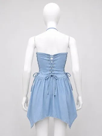 Upcycled Denim Halter Asymmetric Mini Dresses in mixed sizes and colours, Grade A/B.