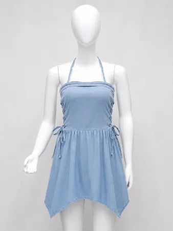 Upcycled Denim Halter Asymmetric Mini Dresses in mixed sizes and colours, Grade A/B.