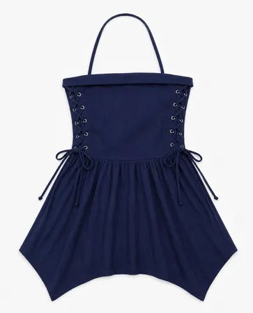 Upcycled Denim Halter Asymmetric Mini Dresses in mixed sizes and colours, Grade A/B.