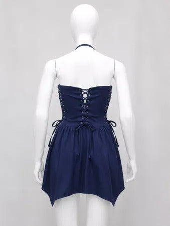 Upcycled Denim Halter Asymmetric Mini Dresses in mixed sizes and colours, Grade A/B.