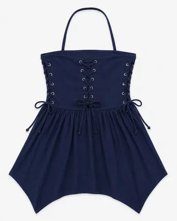 Upcycled Denim Halter Asymmetric Mini Dresses in mixed sizes and colours, Grade A/B.