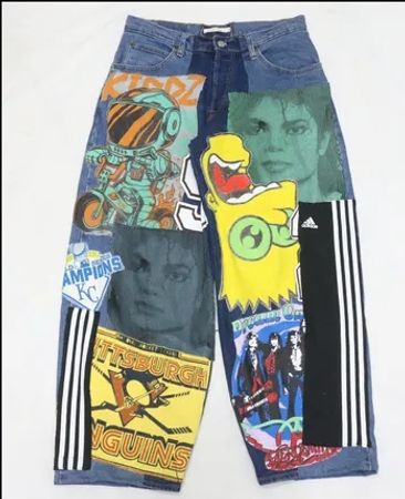 Upcycled Graphic Patchwork Wide-Leg Denim Jeans in mixed sizes and colours. Grade A/B.