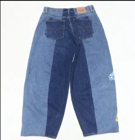 Upcycled Graphic Patchwork Wide-Leg Denim Jeans in mixed sizes and colours. Grade A/B.