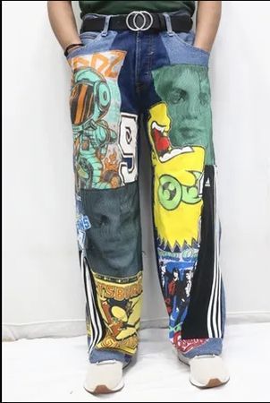 Upcycled Graphic Patchwork Wide-Leg Denim Jeans in mixed sizes and colours. Grade A/B.