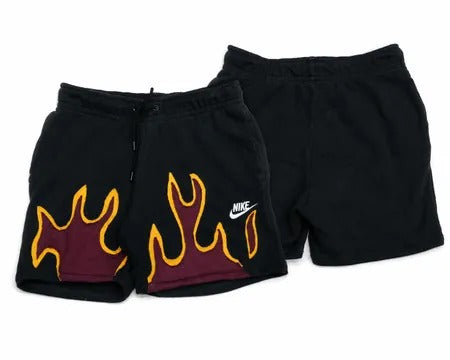 Upcycled Flame-Panel Shorts in mixed sizes and colours, Grade A/B.