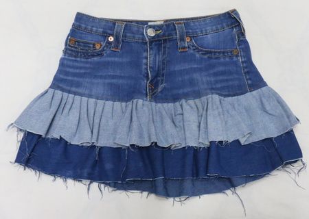 Upcycled Denim Layered Ruffle Mini Skirts in mixed sizes and colours. Grade A/B.
