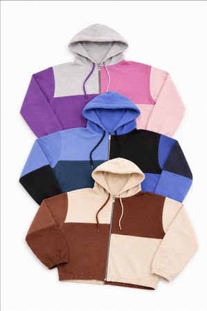 Upcycled Colorblock Zip Hoodies  in mixed sizes and colours, Grade A/B.