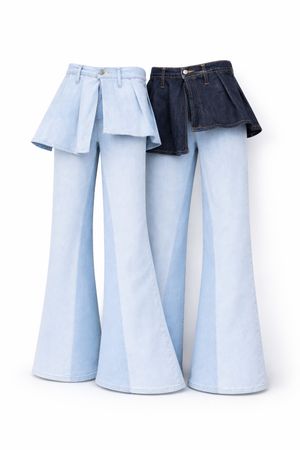 CR01696 Upcycled Denim Peplum Flare Trousers