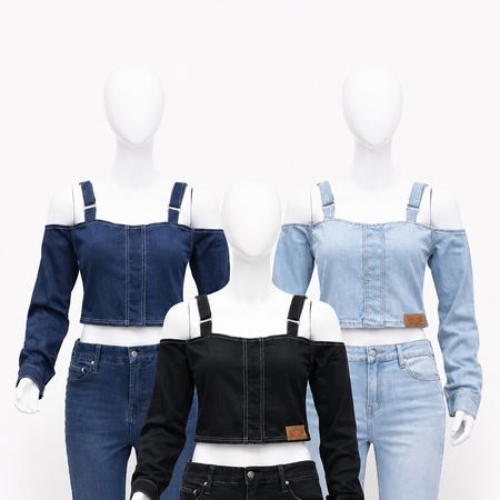 Upcycled Levi's Off-Shoulder Denim Crop Tops in mixed sizes and colours, Grade A/B.