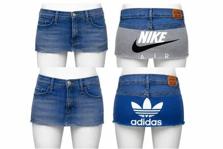 Upcycled Sport Panel Denim Mini Skirts in mixed sizes and colours, Grade A/B.