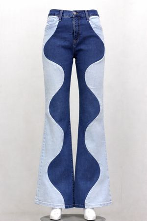 Upcycled Two-Tone Wave Panel Flare Jeans in mixed sizes and colours, Grade A/B.