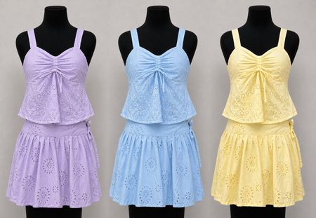 Upcycled Floral Eyelet Camisole Tops and Mini Skirts Sets  in mixed sizes and colours, Grade A/B.