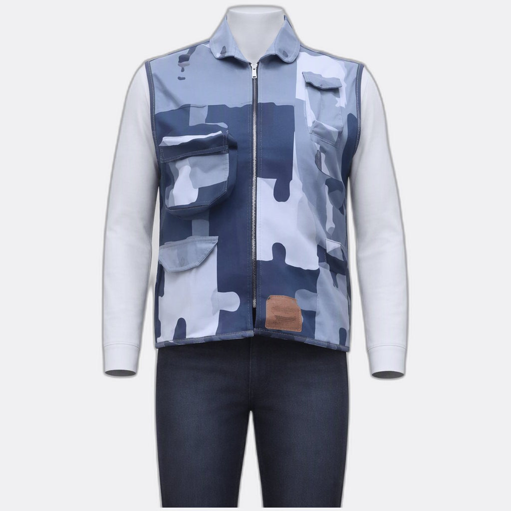 Upcycled Denim Camouflage Patchwork Utility Vests in mixed sizes and colours, Grade A/B.