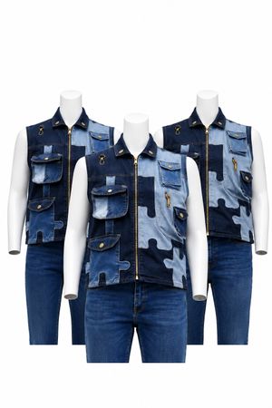 Upcycled Denim Camouflage Patchwork Utility Vests in mixed sizes and colours, Grade A/B.