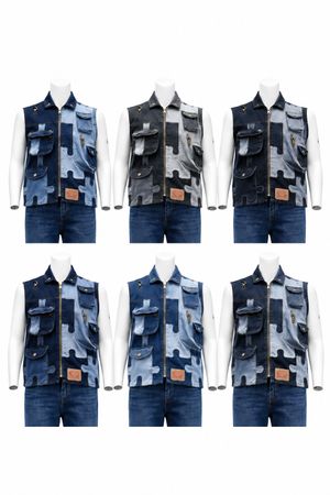 Upcycled Denim Camouflage Patchwork Utility Vests in mixed sizes and colours, Grade A/B.