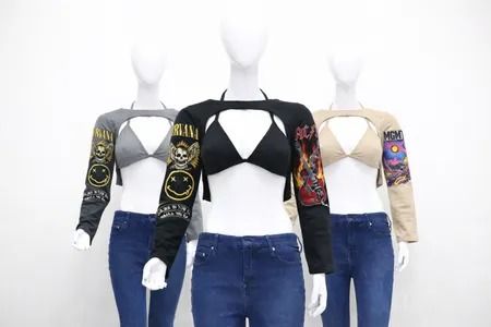 Upcycled Graphic Sleeve Cutout Bolero Tops in mixed sizes and colours, Grade A/B.