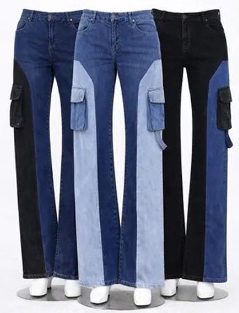 Upcycled Two-Tone Denim Cargo Flare Jeans  in mixed sizes and colours, Grade A/B.