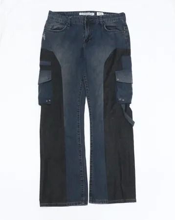 Upcycled Two-Tone Denim Cargo Flare Jeans  in mixed sizes and colours, Grade A/B.