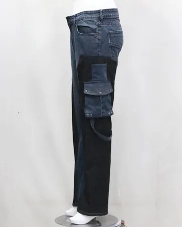 Upcycled Two-Tone Denim Cargo Flare Jeans  in mixed sizes and colours, Grade A/B.