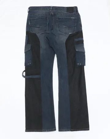 Upcycled Two-Tone Denim Cargo Flare Jeans  in mixed sizes and colours, Grade A/B.