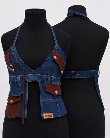 Upcycled Denim Utility Halter Vests in mixed sizes and colours, Grade A/B.