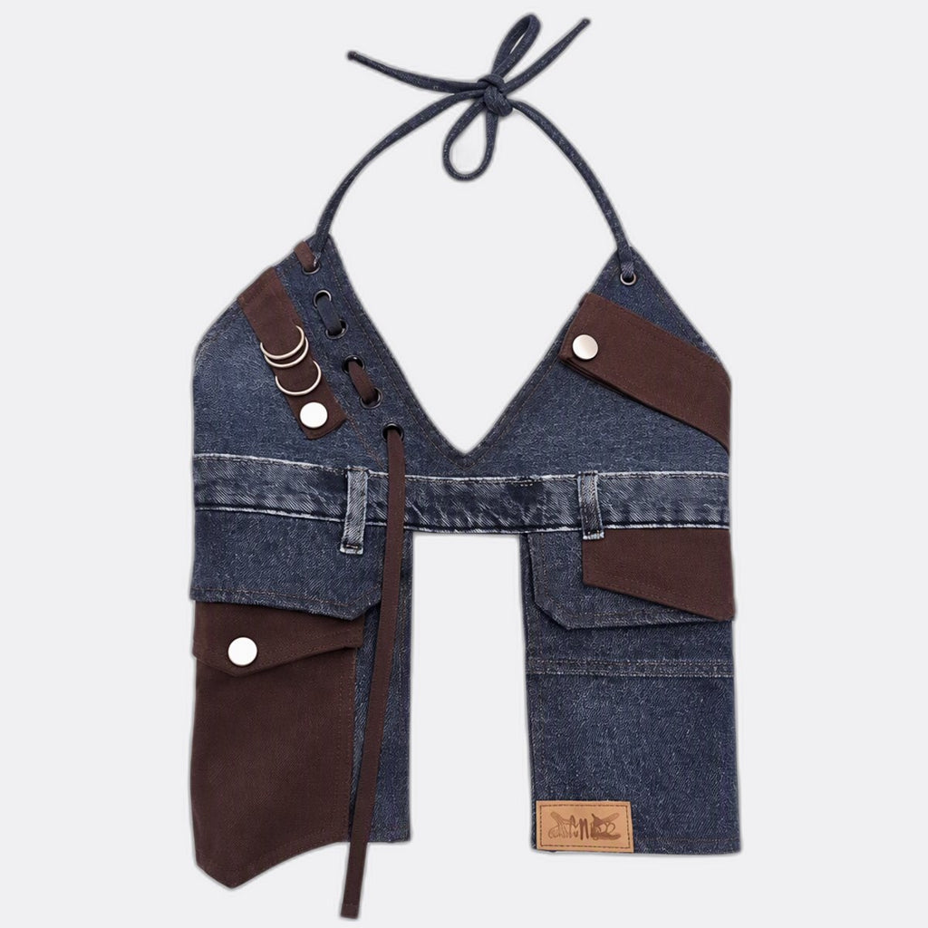 Upcycled Denim Utility Halter Vests in mixed sizes and colours, Grade A/B.