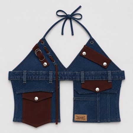Upcycled Denim Utility Halter Vests in mixed sizes and colours, Grade A/B.