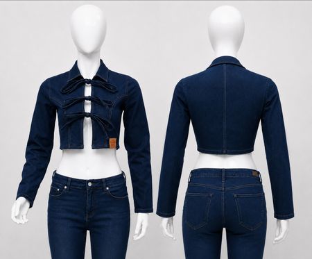 Upcycled Denim Bow-Front Cropped Jackets  in mixed sizes and colours, Grade A/B.