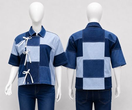 Upcycled Denim Patchwork Bow-Tie Shirts in mixed sizes and colours, Grade A/B. 