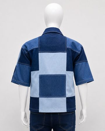 Upcycled Denim Patchwork Bow-Tie Shirts in mixed sizes and colours, Grade A/B. 